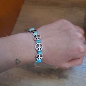 Handmade Turquoise and Silver Peace Sign Bracelet